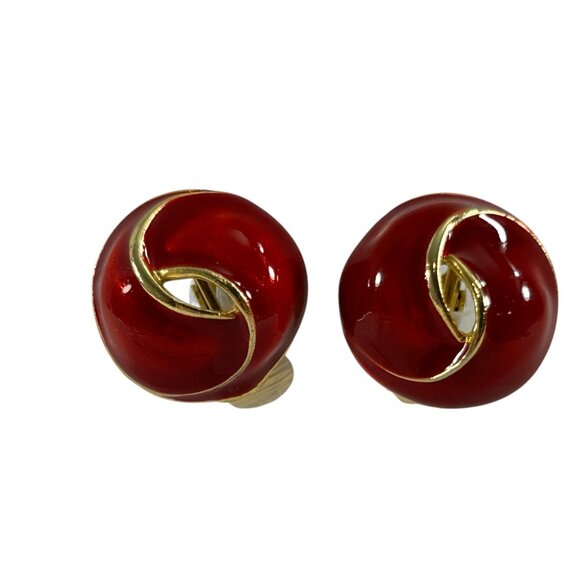 Vintage Red Enamel Clip On Earrings Gold Tone Swirl Knot Design Bold Statement - Picture 1 of 6